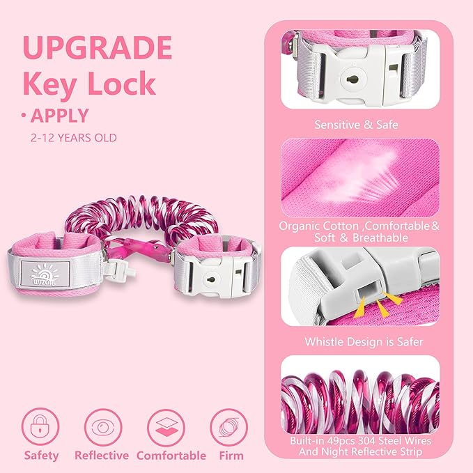 Toddler Harness Walking Leash- Child Anti Lost Wrist Link - Child Safety Harness - Upgrade with Reflective(6.5ft) - for Boys and Girls,Not Easy to Open Without Key (Pink)
