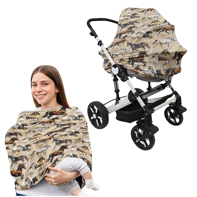 Native Running Horse Car Seat Cover with U Shaped Pillowcase Cover for Babies Multi-Purpose Soft Nursing Breastfeeding Covers for High Stretchy Infant Carseat Canopy, 2 Packs