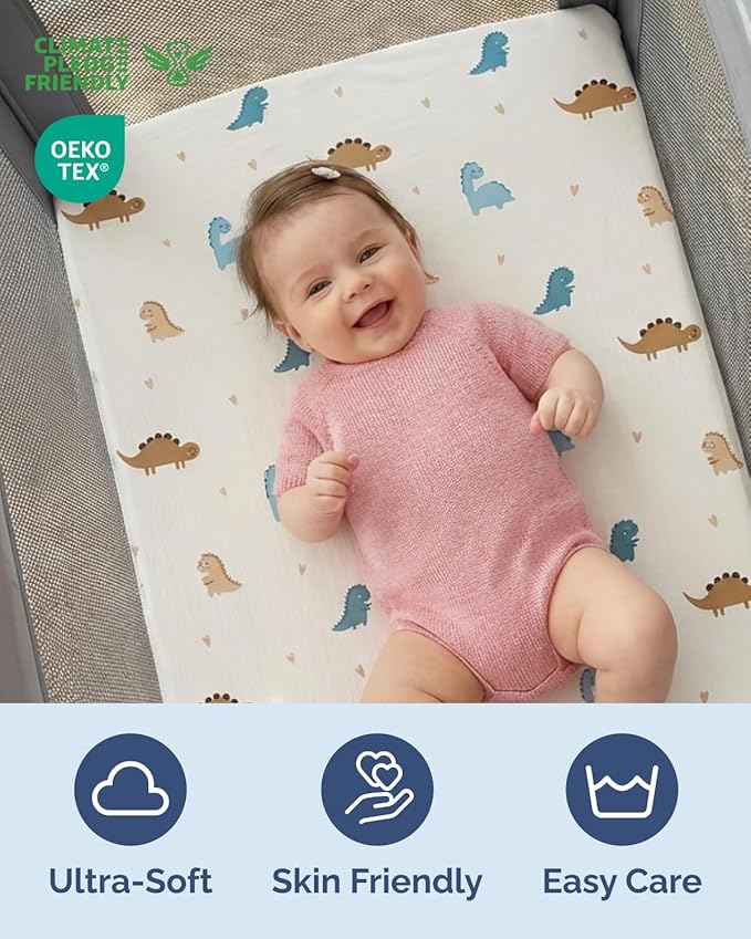 Pack and Play Sheets Fitted - 2 Pack Mini Crib Sheets for Pack N Play Mattress - Unisex Playard Microfiber Bedding for Boys & Girls - Soft, Breathable & Wrinkle Free - Oeko-Tex, 38 x 26in - Cute Dinos