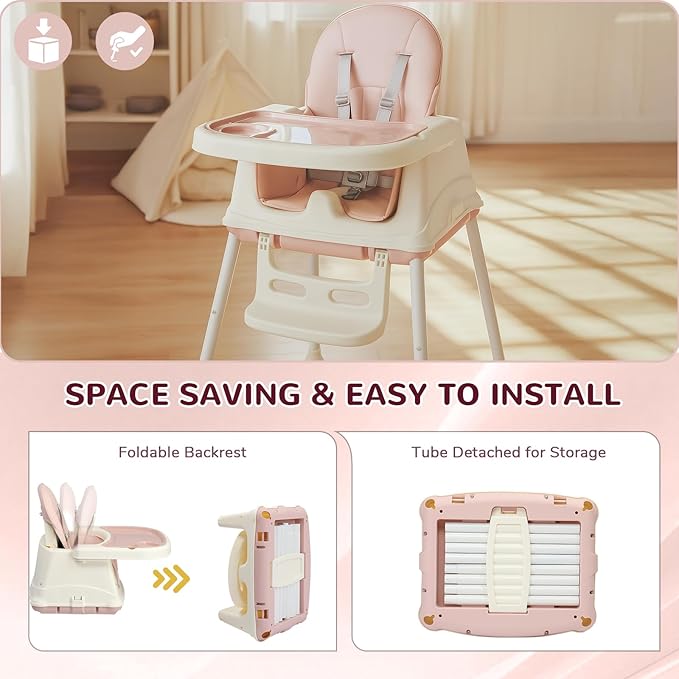 Ktaxon 6-in-1 Baby High Chair, Portable Convertible Highchair with Removable Dual-Layer Tray, 5-Point Safety Harness and Locking Wheels for Toddlers & Babies, Pink