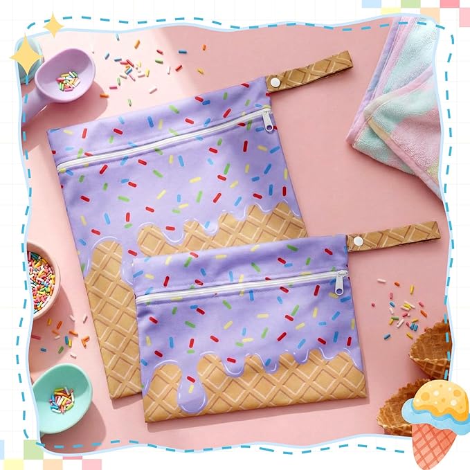 SATINIOR 2 Pack Wet Dry Bags Ice Cream Waterproof Pouch Large & Small Makeup Bag Baby Wet Bags Zipper Pouch for Baby Women Diapers Cloth(Purple)