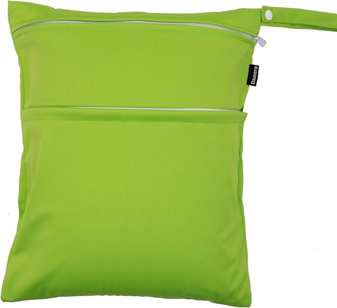 Damero 2 Pack Travel Wet Dry Bag Organizer with 2 Pockets and Handle for Cloth Diaper, Baby Clothes, Pumping Parts, Swimsuit and More, Cute and Spacious, Easy to Grab and GO(Medium, Green+Light Blue)