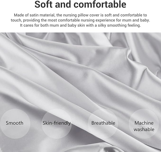 Satin Nursing Pillow Cover,Soft Washable Breathable,Protect for Baby Hair and Skin, Breastfeeding Pillow Slipcover for Feeding (Grey)