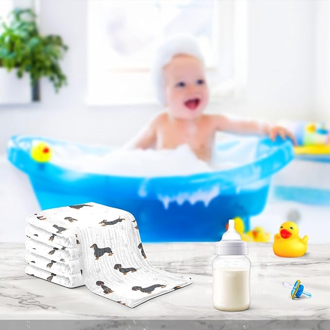 vvfelixl Baby Cotton Washcloths Black Dachshund Infants Bath Towel for Unisex Face Towels for Newborn, Natural Baby Wipes Delicate Skin, 11.8 X 11.8 inch, one sizex5