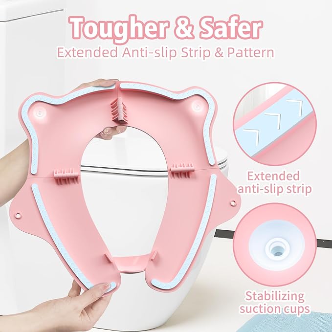 Foldable Travel Potty Seat for Toddler, Portable Toilet Training Seat for Kids on The Go, Fits Round & Oval Toilets with Non-Slip Base & Travel Bag for Car Airplane Essentials, Pink