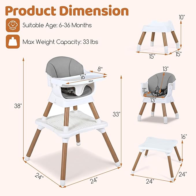 INFANS Baby High Chair, 9 in 1 Convertible Highchair for Babies and Toddlers, Building Block Table Dining Booster Seat Activity Desk Kids Stool with Adjustable Removable Tray (Light Grey)