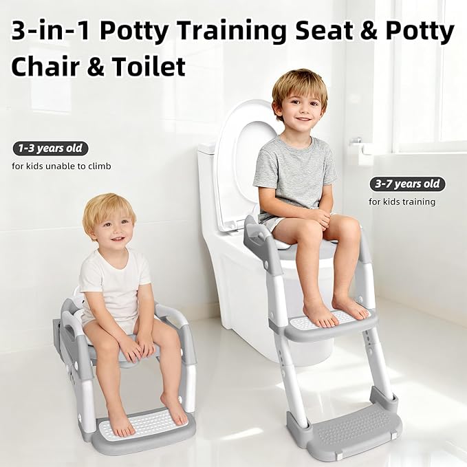 Potty Chair, potty training toilet seat with step stool ladder for Kids and Toddler Boys Girls - Kids Potty Training Soft Padded Seat (Grey+White)
