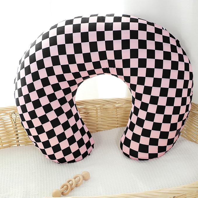 DILIMI Nursing Pillow Cover, Stretchy Removable Case for Breastfeeding Pillows, Ultra Soft Comfortable Slipcover for Baby Girl and Boy, Black Pink Checkered