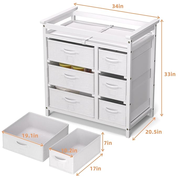 Glaf Baby Changing Table with 6 Storage Drawers and Pad Topper Modern Diaper Change Station Changing Table Dresser for Newborn Baby and Infant (White)