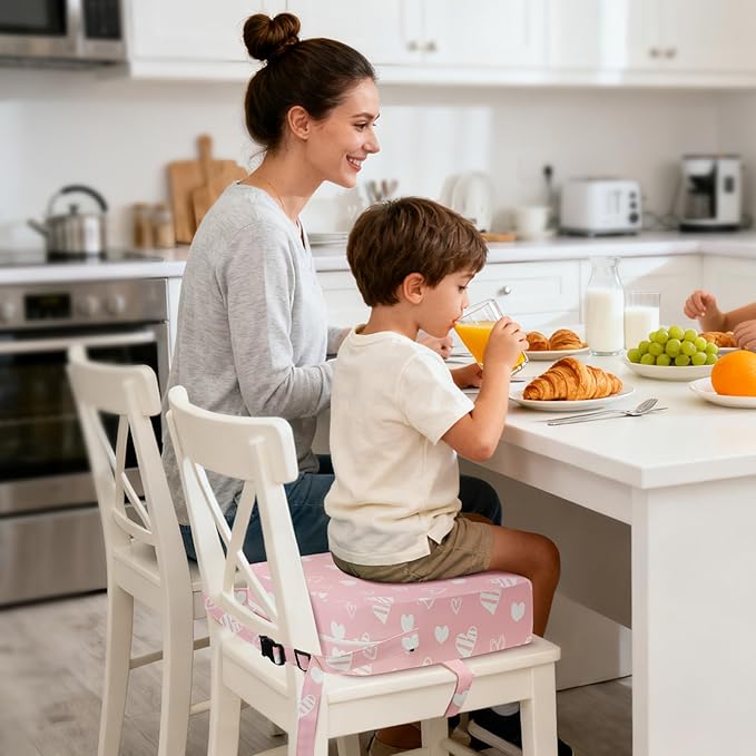 Toddler Booster Seat for Dining Table Kitchen Chair, Kids Booster Seat with Non-Slip Bottom and Adjustable Straps, 4" Detachable Washable Portable Travel Increasing Cushion (Hearts)
