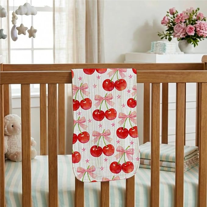 5 Pack Baby Burp Cloths, Soft Cotton Sweet Cherry Theme Burp Cloths, Super Absorbent Cute Fruit Orchard & Gingham Print Washcloths, Newborn Baby Girl Essentials Gift Set