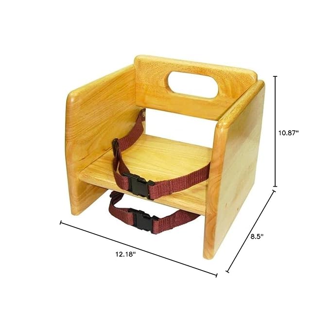 TrueCraftware– 17" Children Booster Seat Natural Wood Finished Rubber Wood with Harness Straps Seat Back Support Maximum Knock-Down Package Stackable Booster Seat for Dining Table