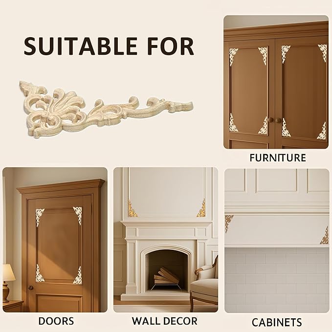 12Pack Wood Appliques and Onlays Decorative Wooden Applique Carved Onlay, 4.7×2.4 inch Corner DIY Carving Decal Trim for Furniture Cabinet Bed Door Wardrobe Closet Mirror Photo Frame Decoration