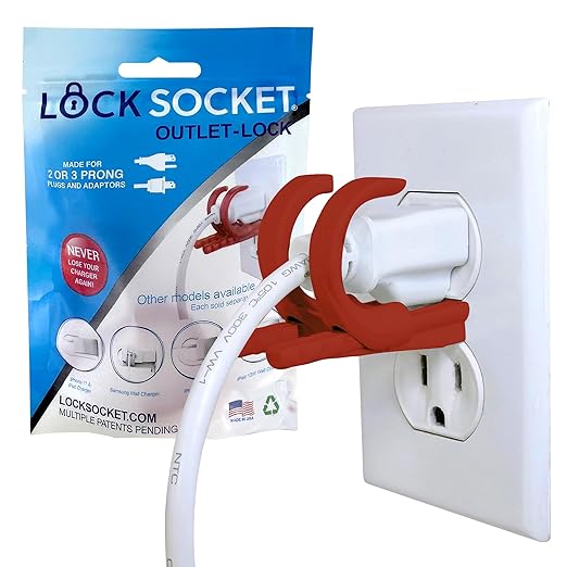 Lock Socket Adjustable Outlet and Charger Lock - Red | Anti-Theft, Child-Safe Plug Lock cover | Secures 2 or 3 Pronged Plug & Adaptors, Includes Security Screw & Key | Secures Most Cords | Made in USA