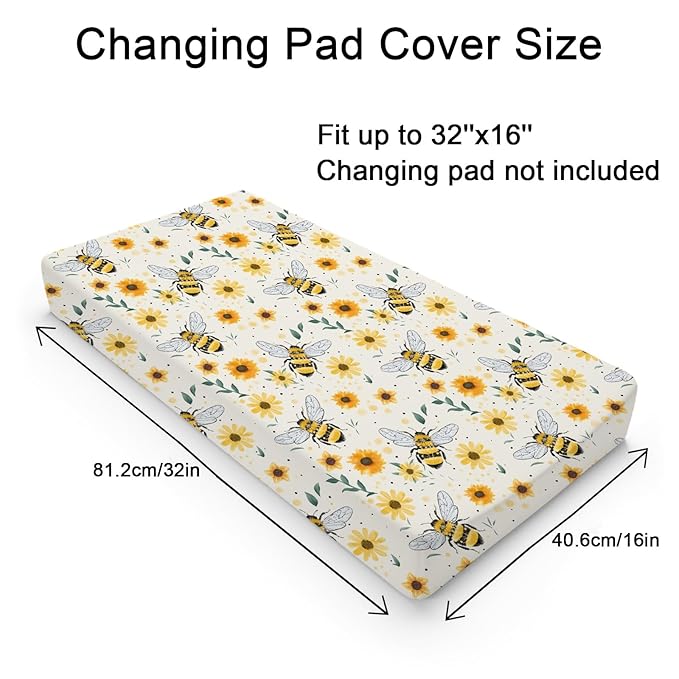 Watercolor Bees Boho Sunflowers Leaves Baby Changing Pad Covers for Boy Girl 32''x16'' Bees Retro Floral Fitted Changing Pad Sheets Bees Soft Diaper Change Table Mats