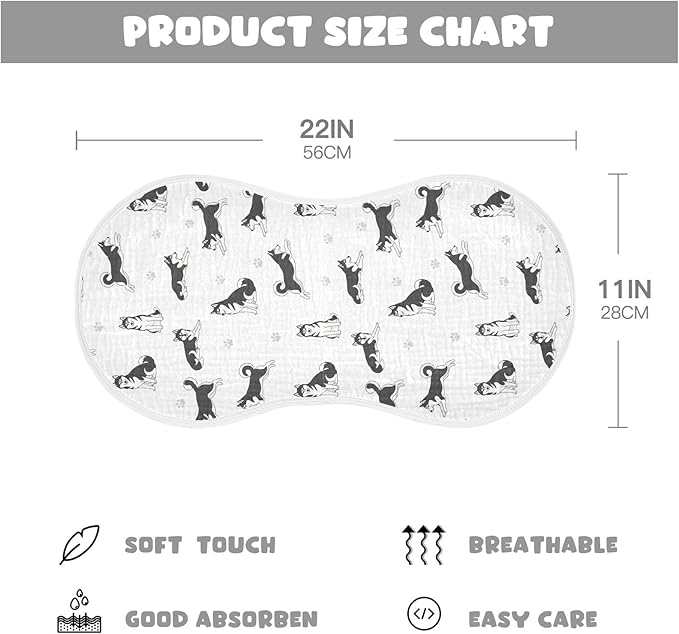 2 Pack Muslin Burp Cloths Husky Dogs White Cotton Baby Burp Cloths Extra Absorbent and Soft Thick Burping Cloth for Newborn Babies Boys Girls 22x11 Inch