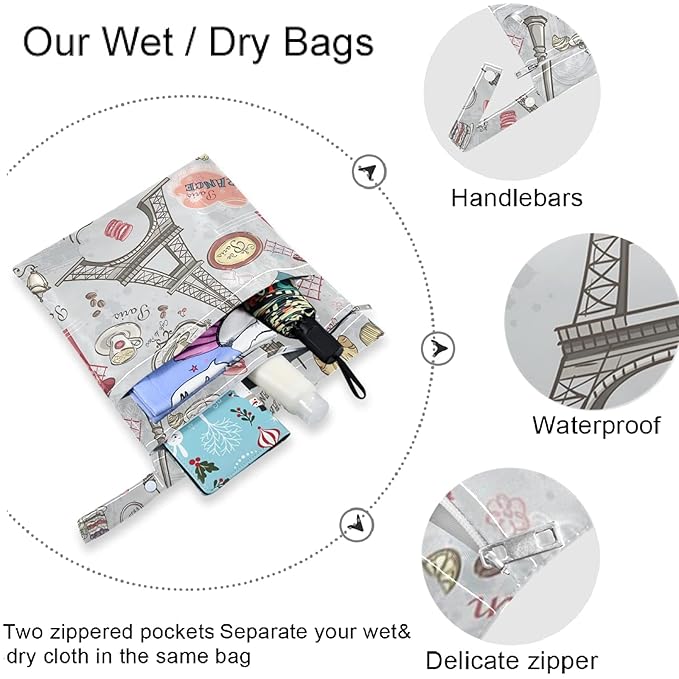 visesunny Red House Eiffel Tower 2Pcs Wet Bag with Zippered Pockets Washable Reusable Roomy for Travel,Beach,Pool,Daycare,Stroller,Diapers,Dirty Gym Clothes, Wet Swimsuits, Toiletries