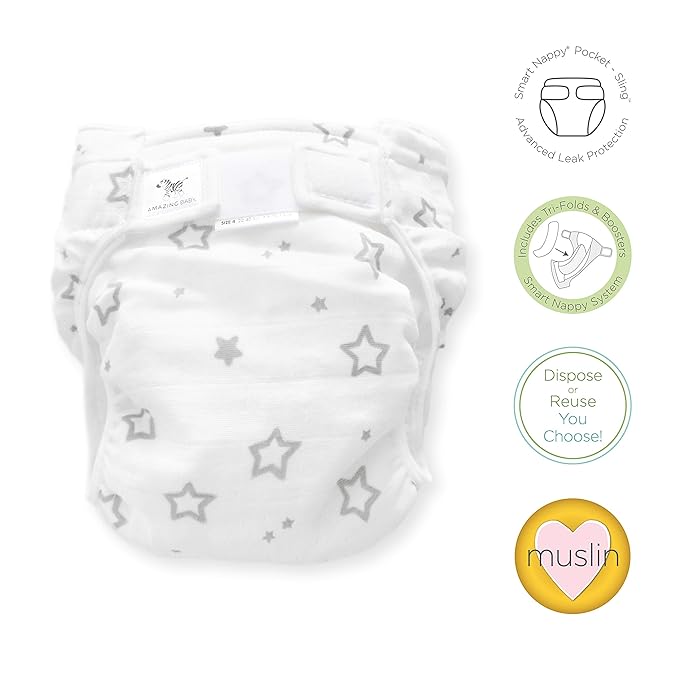 Amazing Baby Hybrid Cloth Diaper Cover with Pocket-Sling, Large, Sz 4 (22-40 lbs), Use with Boosties Inserts, Gray Stargazer, SmartNappy Set includes Muslin Cover + Tri-fold Insert + Booster Pad