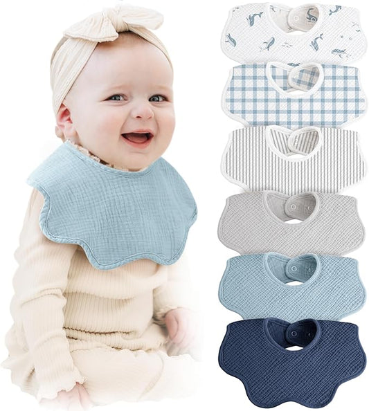 Konssy Muslin Baby Bibs 100% Cotton Absorbent Bandana Drool Bibs for Teething and Drooling, 6-Pack for Baby Boys & Girls