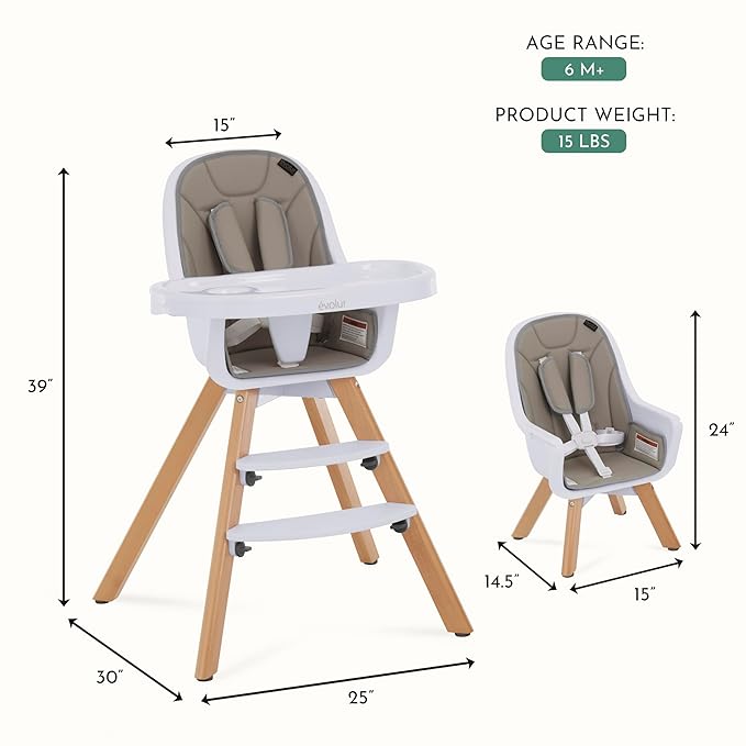 évolur Zoodle 3-in-1 High Chair in Light Grey | Convertible Wooden Baby Feeding Chair with Dishwasher Safe Removable Tray, Adjustable Footrest, Padded Cushion, 5-Point Harness for Infants & Toddlers