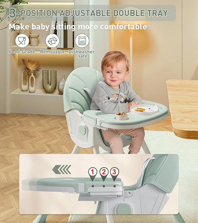 Baby High Chair, 5 in 1 High Chairs for Babies and Toddlers, Travel Foldable High Chair with Detachable PU Cushion, Double Removable Tray, Adjustable Height & Recline, Locking Wheels (Turquoise)