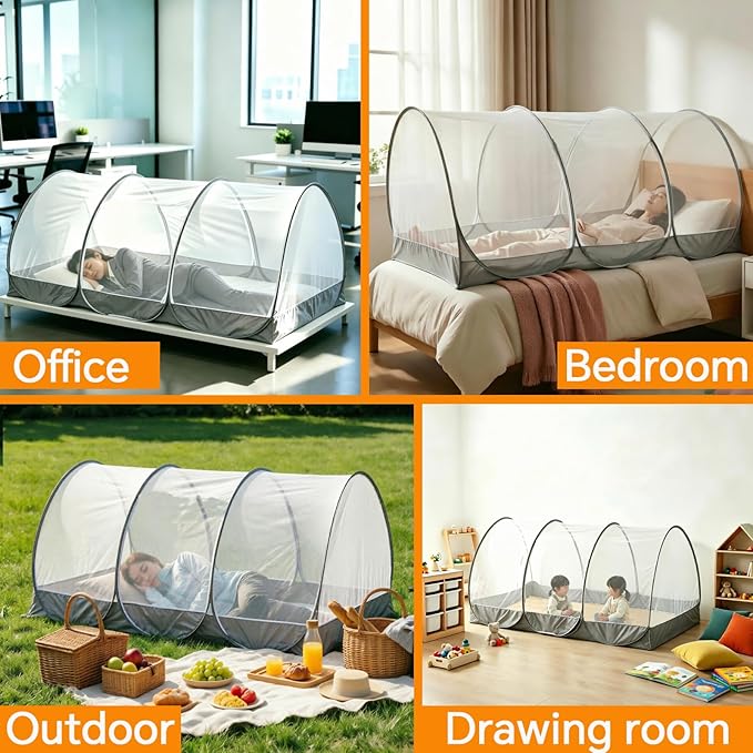 CMINGJ Portable Mosquito Net, Foldable Pop-Up Travel Bed Net, Free Installation Mosquito Tent, for Adults Bedroom Camping Nap Patio L78 x W39 x H35 inch (Single Door with Netting Bottom & Gray Edge)