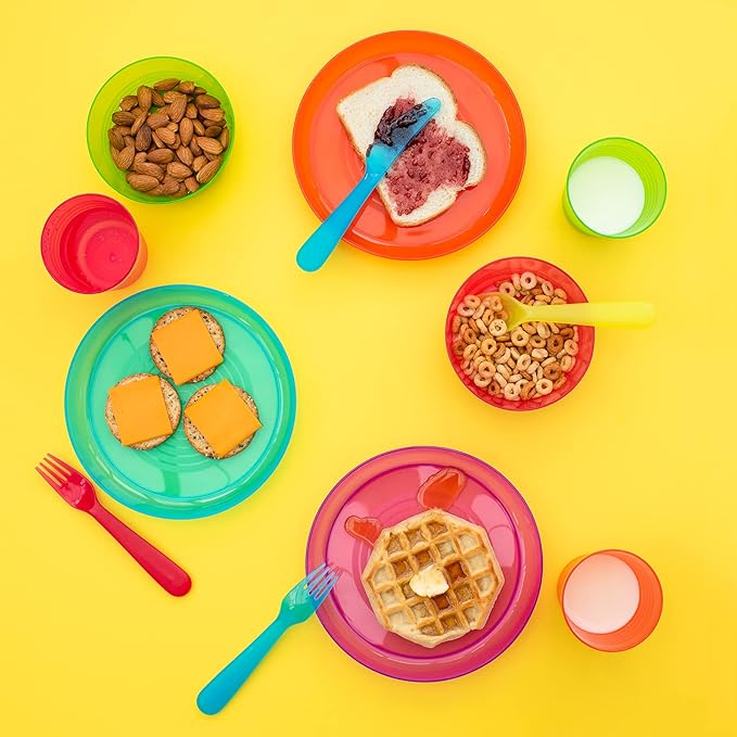 Kids Plastic Dinnerware Set of 36 Multi Color Pieces (Plates, Bowls, Cups and Flatware) - Reusable, BPA-Free, Dishwasher Safe and Microwaveable