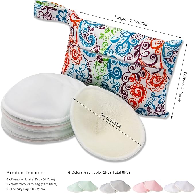 PINOWU Women’s Nursing Pads - 8 Washable Pads + Wet Bag + Wash Bag, Breastfeeding Nipple Pads for Maternity - Reusable Nipplecovers for Breast Feeding (Pastel Touch, Large 4.7")
