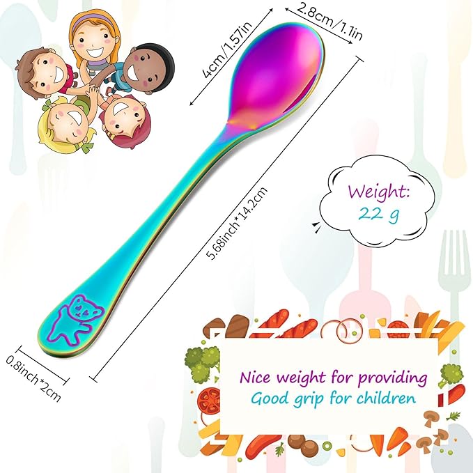 Boao 6 Pieces Kids Rainbow Spoons Stainless Steel Rainbow Toddler Cutlery Silverware Utensil Kids Child Safe Flatware for Home and Preschools
