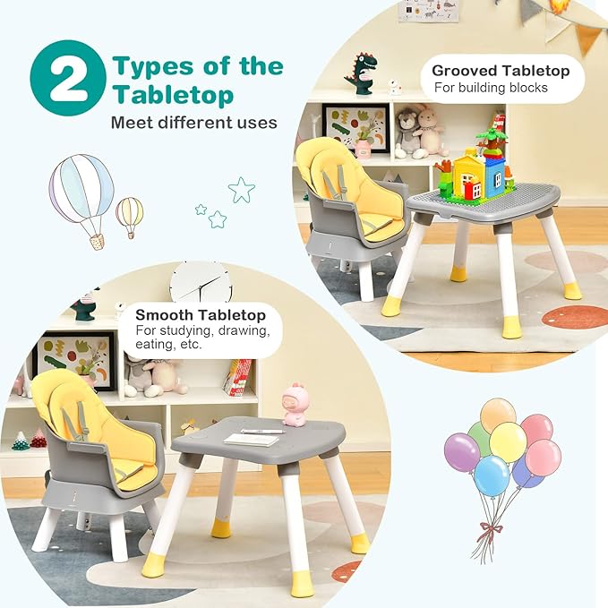KOTEK Baby High Chair, 8 in 1 Convertible Highchairs for Babies and Toddlers, Building Block Table, Booster Seat, Toddler Chair with Removable Tray, Safety Harness, Dual Cushions (Yellow)