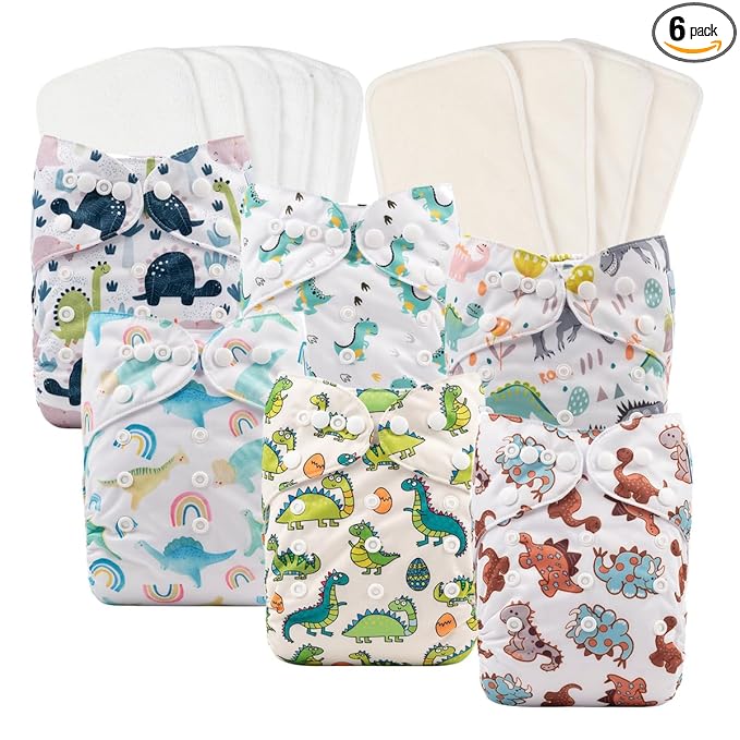 Babygoal Reusable Neutral Cloth Diapers 6 Pack with 10pcs Inserts, One Size Adjustable Washable Pocket Nappy Covers for Baby Boys and Girls