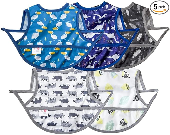 Joyo roy Mess Proof Baby Bibs 3-10 Months Waterproof Toddler Baby Boy Bibs for Eating Machine Washable Sleeveless Infant Smock Bib Travel Reusable Led Weaning Apron for Feeding Bib with Food Catcher