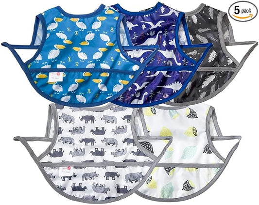 Joyo roy Mess Proof Baby Bibs 3-10 Months Waterproof Toddler Baby Boy Bibs for Eating Machine Washable Sleeveless Infant Smock Bib Travel Reusable Led Weaning Apron for Feeding Bib with Food Catcher