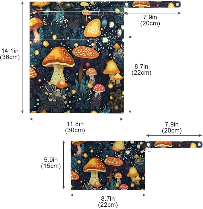Mushrooms Forest Wet Dry Bag for Baby Cloth Diaper Waterproof Reusable Travel Wet Bag with Two Zippered Pockets for Swimsuits, 2 Pcs