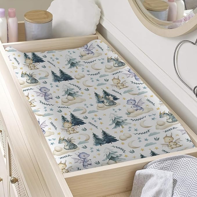 Fairytale Dragons Baby Changing Table Pad Covers Boy Girl 32''x16'' Cute Dragons Eggs Moon Stars Trees Fitted Diaper Change Table Mats Dreamy Animal Soft Breathable Nursery Cradle & Bassinet Sheets