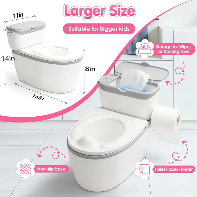 TOSGN 3-in-1 Toddler Potty Training Toilet, for Ages 6 Months+, Realistic Potty Training Seat with Flushing Sound, Wipes Storage, Toilet Paper Holder