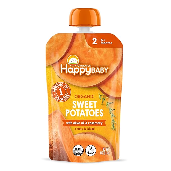 Happy Baby Organics Savory Blends Stage 2 Baby Food, Sweet Potatoes with Olive Oil + Rosemary, 4 Ounce Pouch (Pack of 16)
