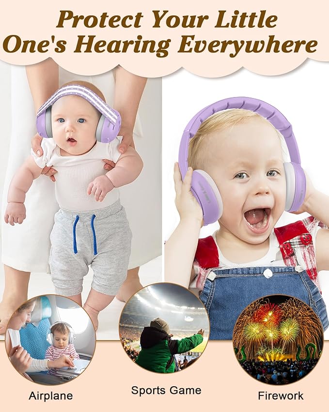 Lilian&Gema 2-in-1 Baby Ear Muffs Noise Protection up to 48 Months - Baby Airplane/Travel Essentials - Adjustable Noise Reduction Earmuffs - Ear Protection Headphones for Infant & Toddler, Purple