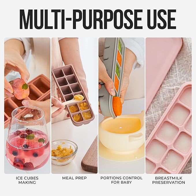 Silicone Ice Cube Freezer Tray with Lid, 100% Food-Grade Platinum Silicone,Leak Resistance & Dishwasher Safe for Baby Food Prep,Breast Milk,Purees - Korean Made (Brown 2-Pack 1 oz/6 Sections)