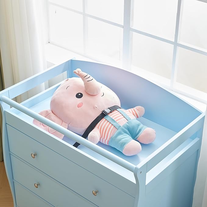 Karl home Changing Table Dresser Baby Diaper Changing Station Infant Nursing Table with 3 Drawers, Safety Rail & Strap for Bedroom, Nursery, Blue