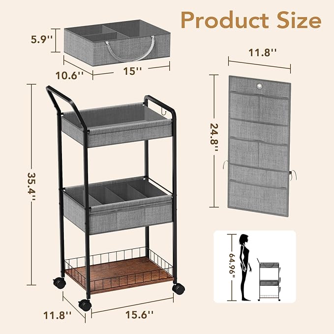 BBLIKE 3-Tier Diaper Caddy Organizer - Rolling Utility Baby Cart with Basket and Side Pockets for Nursery and Baby Essentials, Multi-Function Cart for Bedroom and Bathroom,Gray