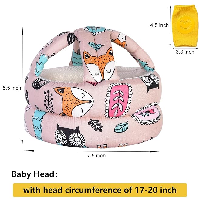 Adjustable Baby Helmet, Lightweight & Soft, with Knee Pads & Socks for Crawling & Walking. Forest, Pink