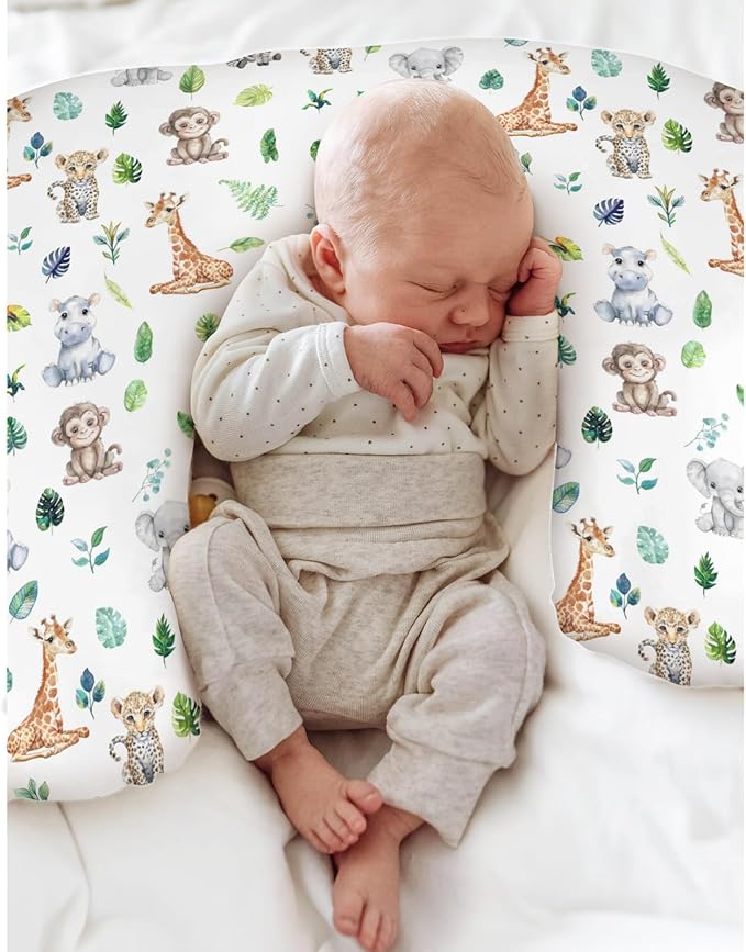 Tropical Safari Jungle Animals Green Leaves Baby Nursing Pillow Covers for Boy Girl Elephant Leopard Giraffe Hippo Nursery Pillowcase for Breastfeeding Pillows Soft Stretchy Slipcovers for Newborn