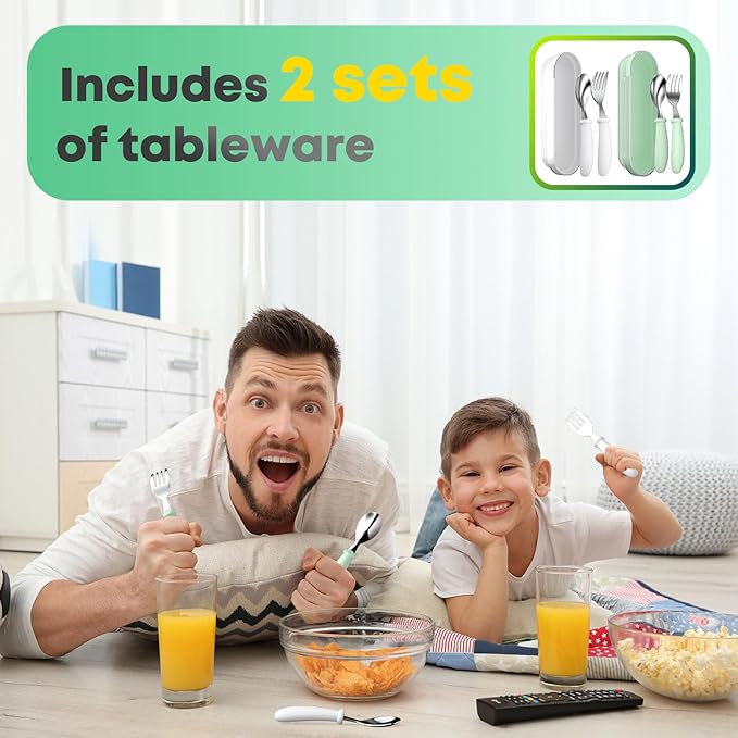 Toddler Utensils, Kids Stainless Steel Silverware Set, Toddler Forks and Spoons, Baby Utensils Set with Storage Box for Self Feeding Safe, Dishwasher Safe (2 Set with Case)