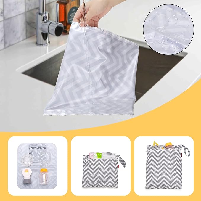 Damero Breast Pump Parts Bag, 2Pack Wet Bag for Breast Pump Parts Storage with Waterproof Mat, Gray Chevron