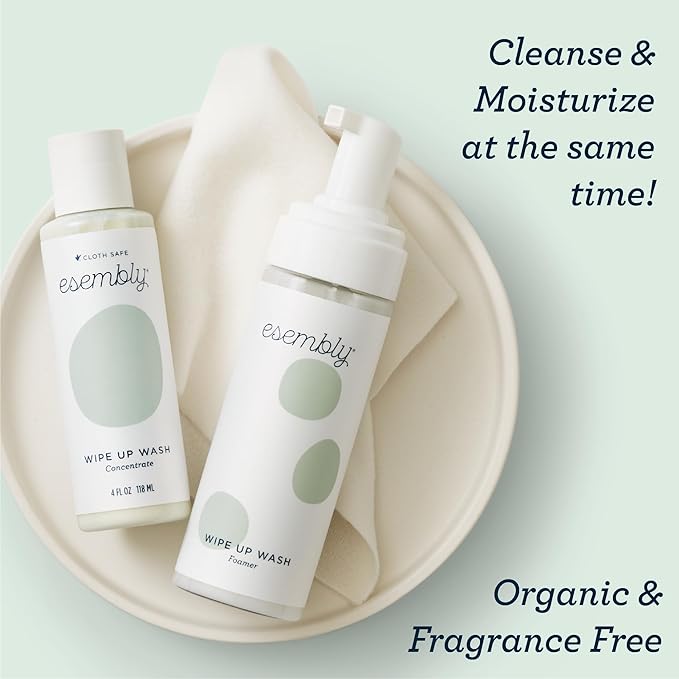 Esembly Wipe Up Wash Bundle, Organic No-Rinse Foaming Solution for Reusable Baby Cloth - Fragrance Free - Includes Refillable Foamer Bottle and 8oz Concentrate