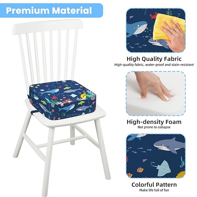 Toddler Booster Seat for Dining Table Kitchen Chair, Kids Booster Seat with Non-Slip Bottom and Adjustable Straps, 4" Detachable Washable Portable Travel Increasing Cushion (Undersea World)
