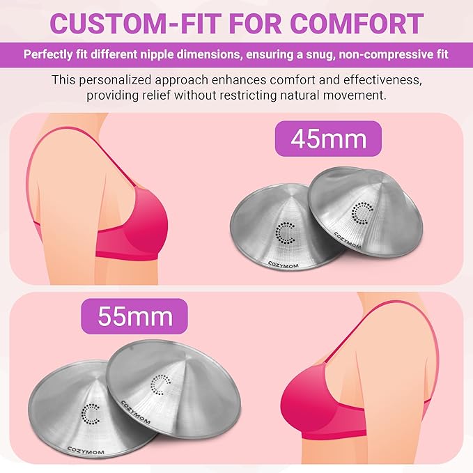 COZYMOM™ Pure Silver Nursing Cups 55mm – Nipple Care for Breastfeeding Moms – Soothe Sore Nipples – Hypoallergenic, Reusable – Complete Nursing Support – Gift for Mom-to-Be