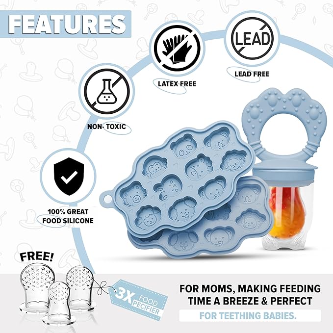 O’doe Silicone Baby Popsicle Molds & 2 Baby Food Feeders with 1 Clip, 2-Pack Freezer Tray with Lid, 10-Hole Popsicle Molds for Teething Relief, Includes 3 Extra Pacifiers, BPA Free (Blue + Green)