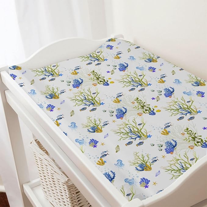 Colorful Undersea Changing Pad Covers Ocean Fishes Jellyfish Sea Weeds Diaper Change Table Pad Sheets for Boys Girls Nautical Marine Life Soft Stretch Fitted Changing Mat Sheets 32''x16''